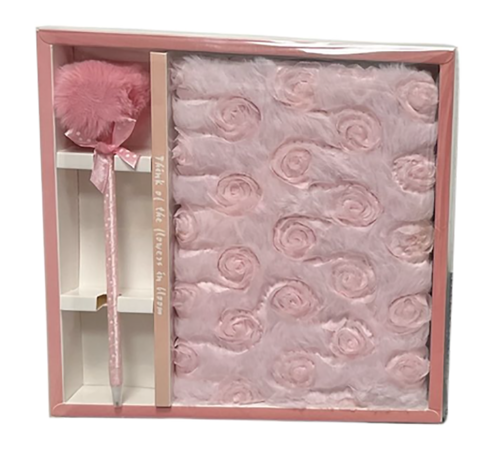 SET LIBRETA ROSAS PELUCHE CON LAPICERA POMPON