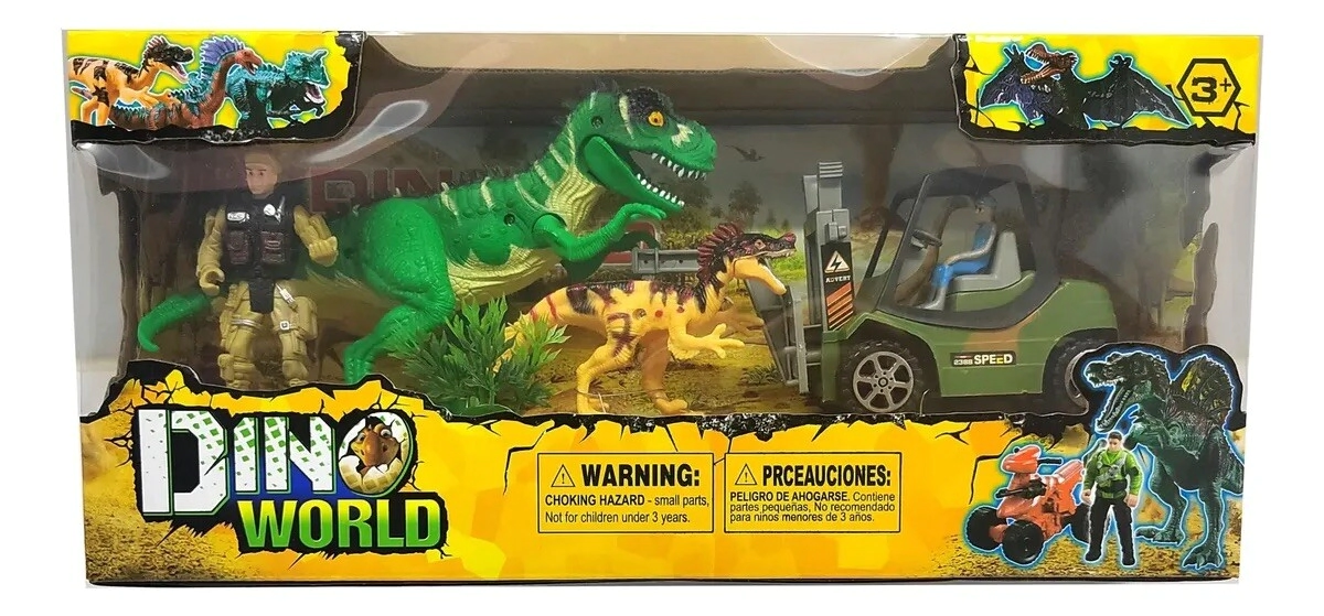 SET DINOSAURIO VEHICULO + PERSONAJE CON LUZ Y SONIDO