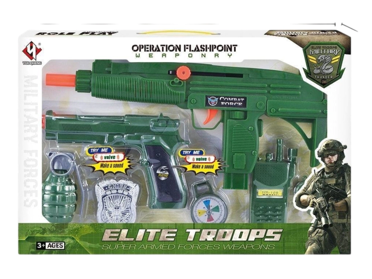 SET PISTOLA MILITAR CON SONIDO DE DISPAROS + ACCESORIOS