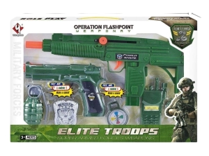 SET PISTOLA MILITAR CON SONIDO DE DISPAROS + ACCESORIOS