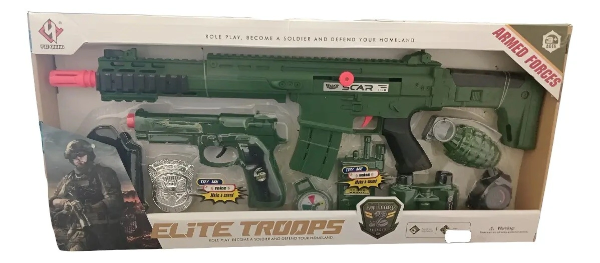 SET PISTOLA MILITAR CON SONIDO DE DISPAROS + ACCESORIOS