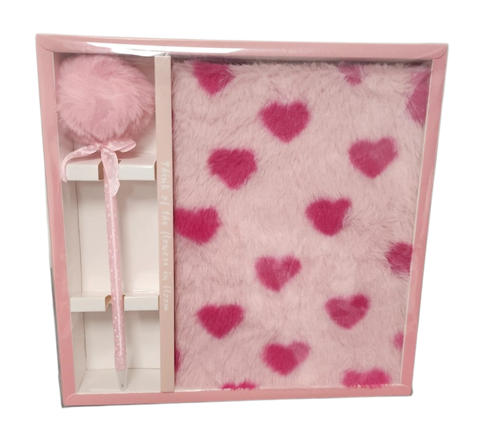 SET LIBRETA PELUDA CORAZONES CON LAPICERA POMPON