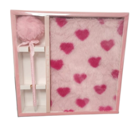 SET LIBRETA PELUDA CORAZONES CON LAPICERA POMPON